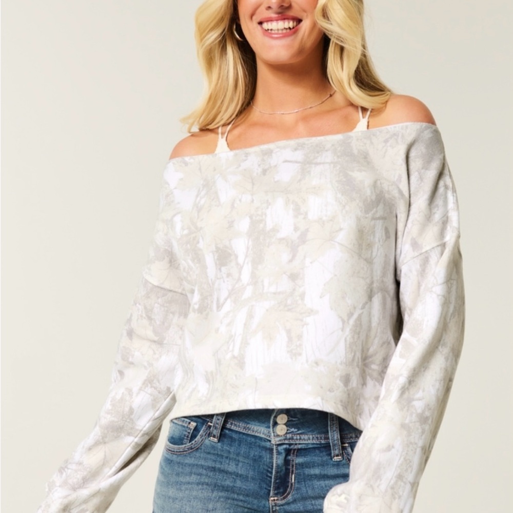 Hollister Off-Shoulder Cream and Gray camo Sweater